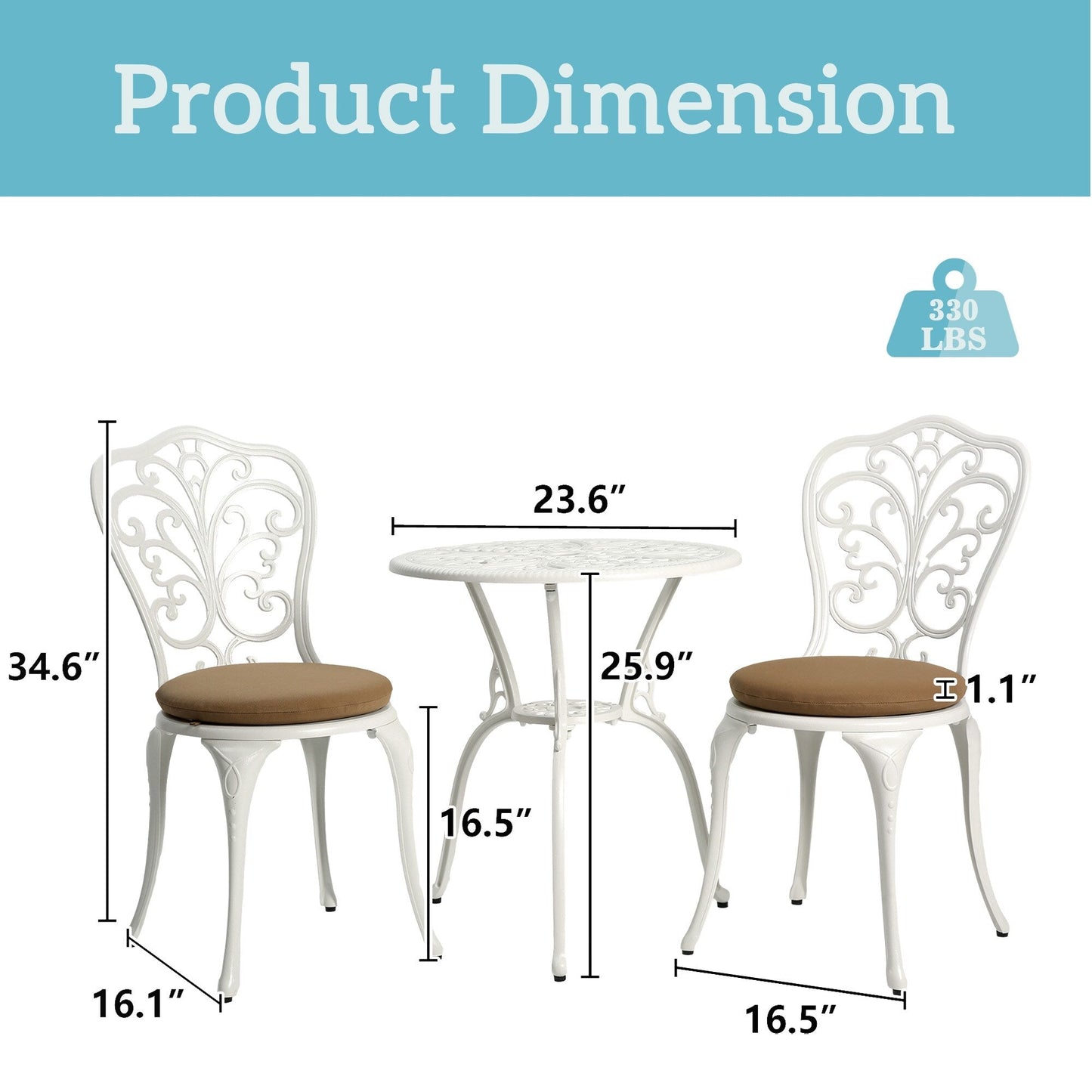 Tavolo e sedie da giardino in alluminio a forma di farfalla, 3 pezzi, con foro per ombrellone