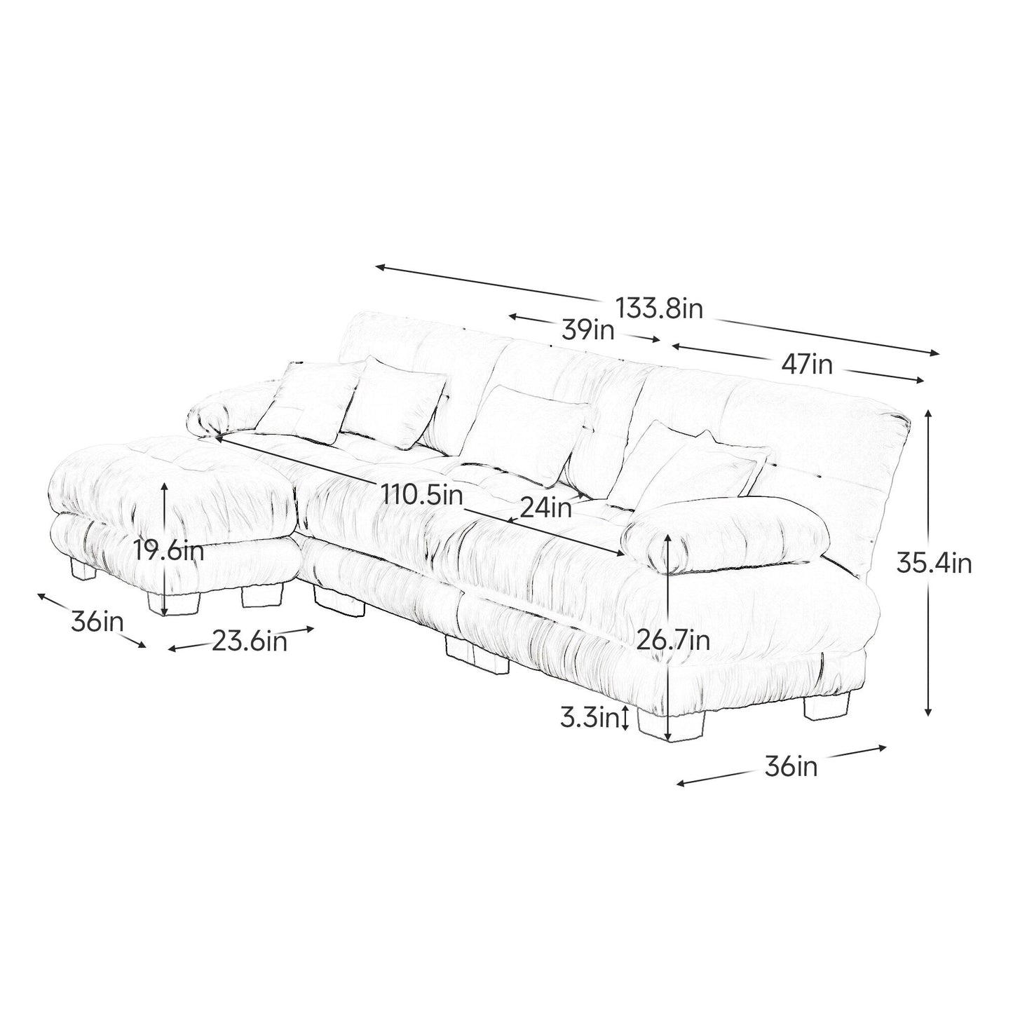 Divano componibile modulare a 3 posti, divano a seduta profonda a forma di L, divano a nuvola con pouf trasformabile per soggiorno.