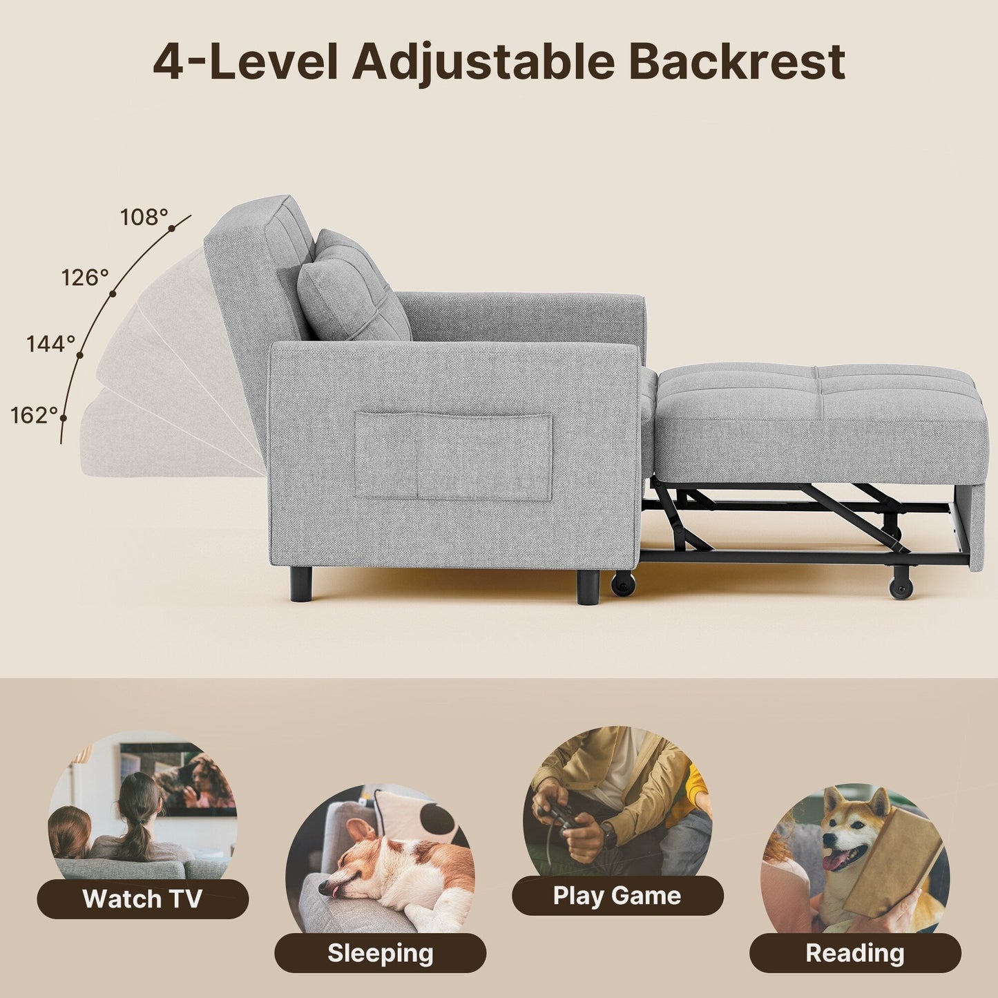 Divano letto estraibile 3 in 1, poltrona letto, divano letto imbottito regolabile e pieghevole.