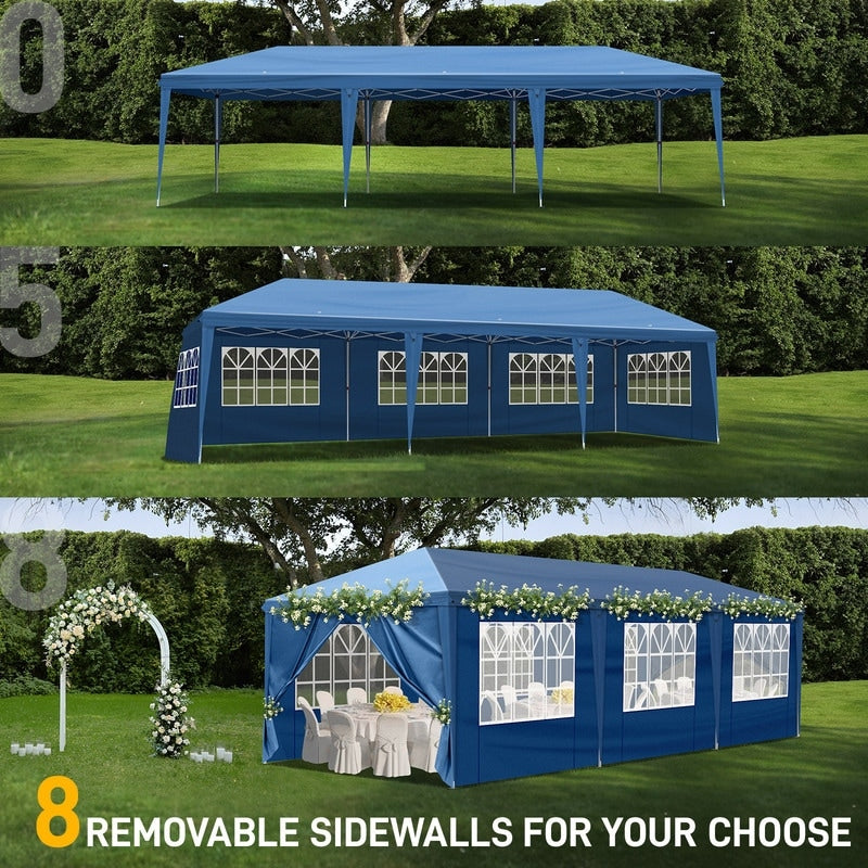 Gazebo pieghevole in Oxford Cloth 30x10FT con 8 sacchi di sabbia e 8 pareti laterali, con copertura a tenda a imbarcazione - 30x10x8.8FT(LWH)