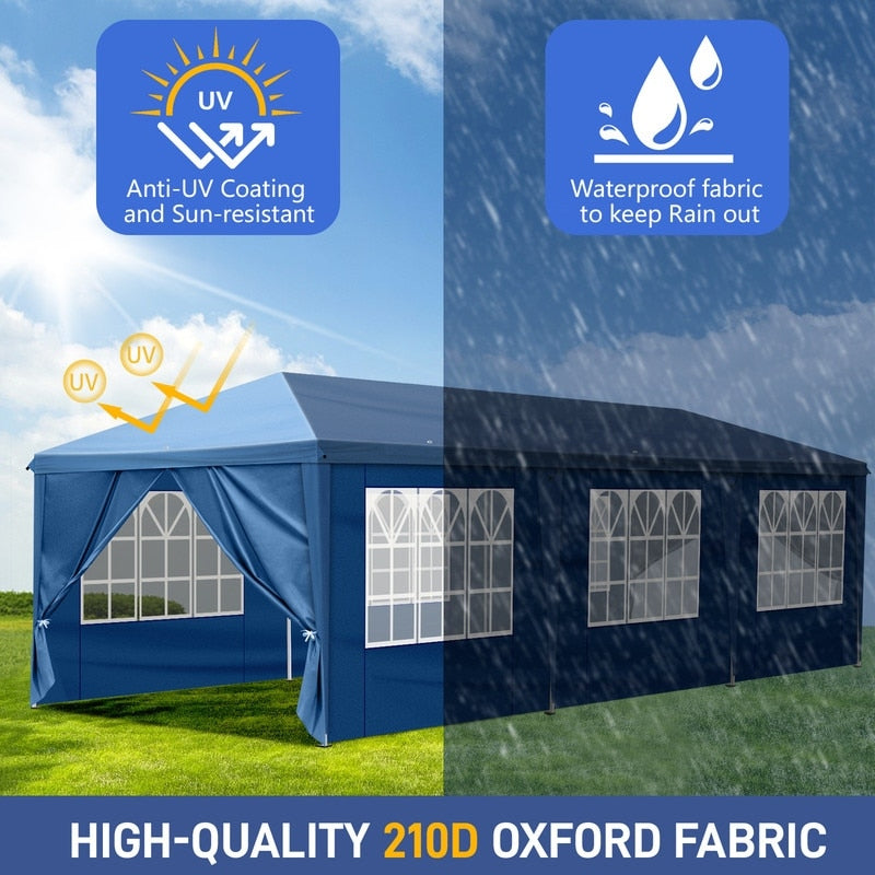 Gazebo pieghevole in Oxford Cloth 30x10FT con 8 sacchi di sabbia e 8 pareti laterali, con copertura a tenda a imbarcazione - 30x10x8.8FT(LWH)