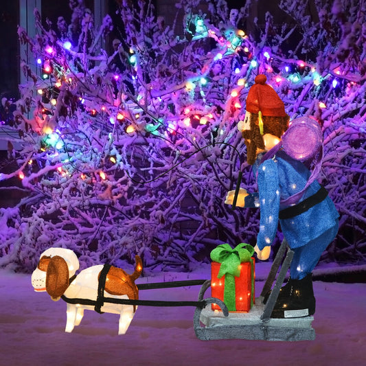 34 Rudolph 3D Decorazione da Giardino a LED Pre-illuminata in Posizione Verticale con Yukon e Cane