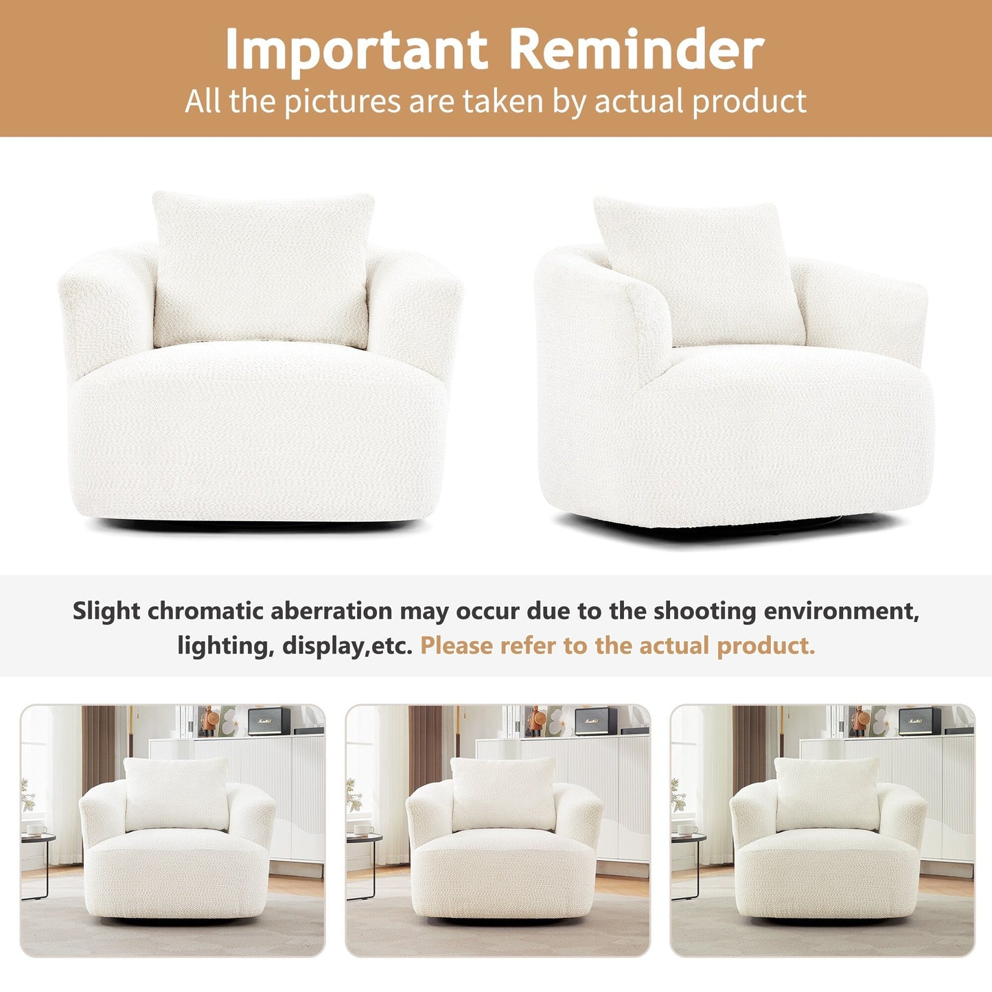 Sedia girevole a 360°, poltrona accentuata in boucle da 38,2 pollici con cuscino decorativo, poltrona a forma di barile rivestita con braccioli curvi.