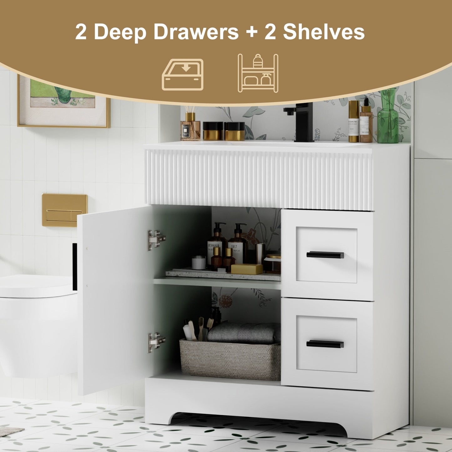 Set per bagno Wavy Line con mobile lavabo e miscelatore, disponibile nelle misure 30/36/48 pollici.