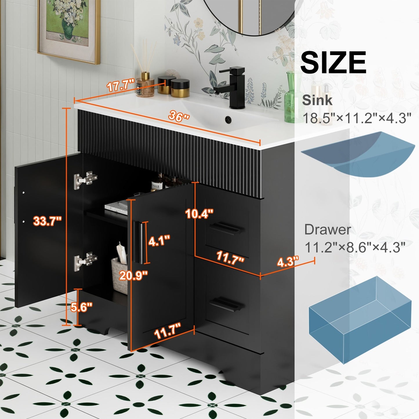 Set per bagno Wavy Line con mobile lavabo e miscelatore, disponibile nelle misure 30/36/48 pollici.