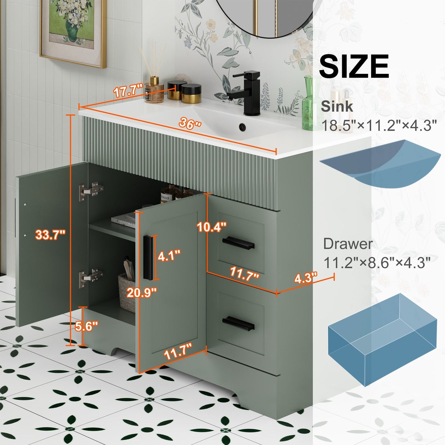Set per bagno Wavy Line con mobile lavabo e miscelatore, disponibile nelle misure 30/36/48 pollici.