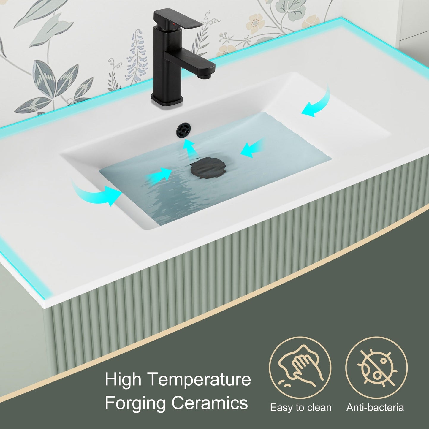 Set per bagno Wavy Line con mobile lavabo e miscelatore, disponibile nelle misure 30/36/48 pollici.