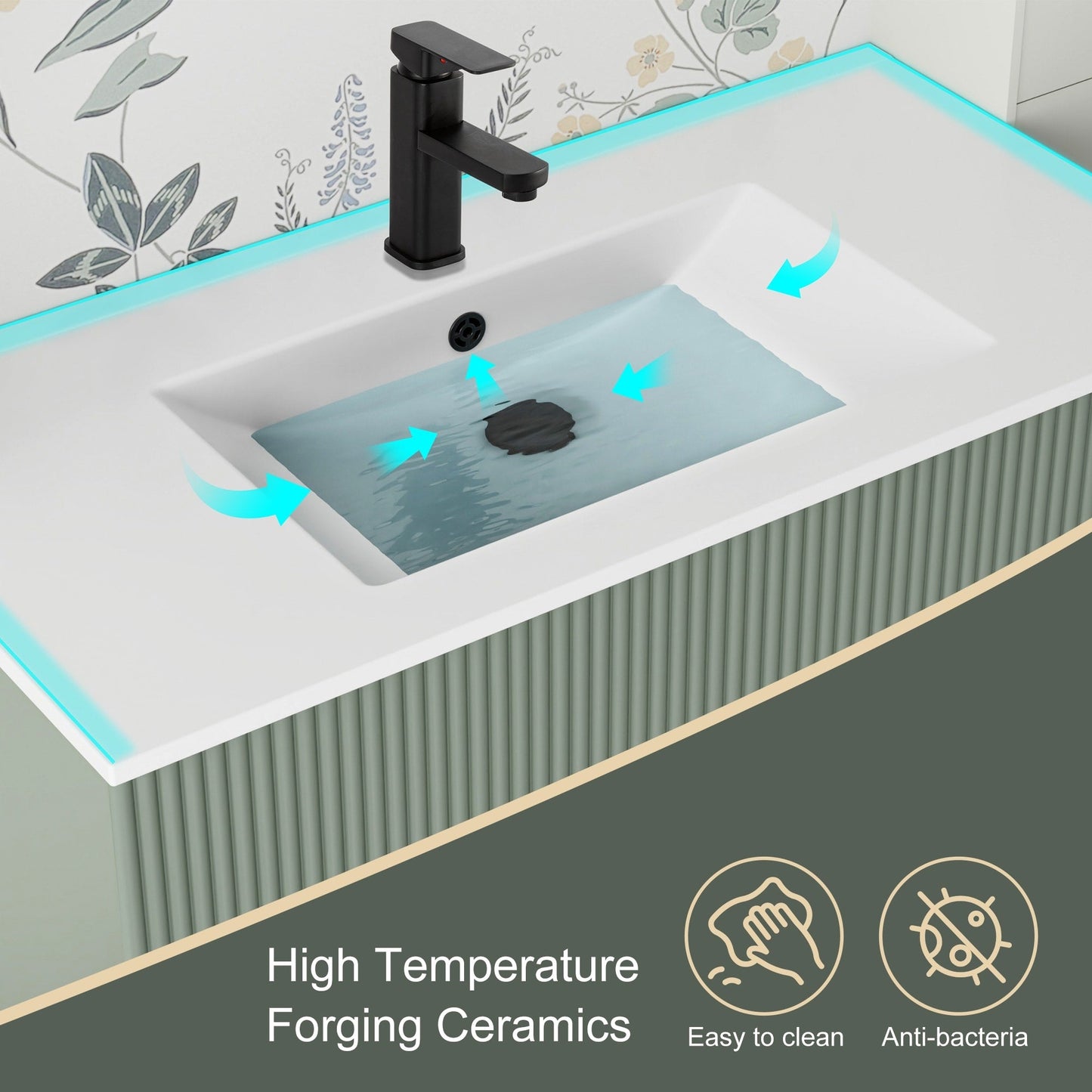 Set per bagno Wavy Line con mobile lavabo e miscelatore, disponibile nelle misure 30/36/48 pollici.