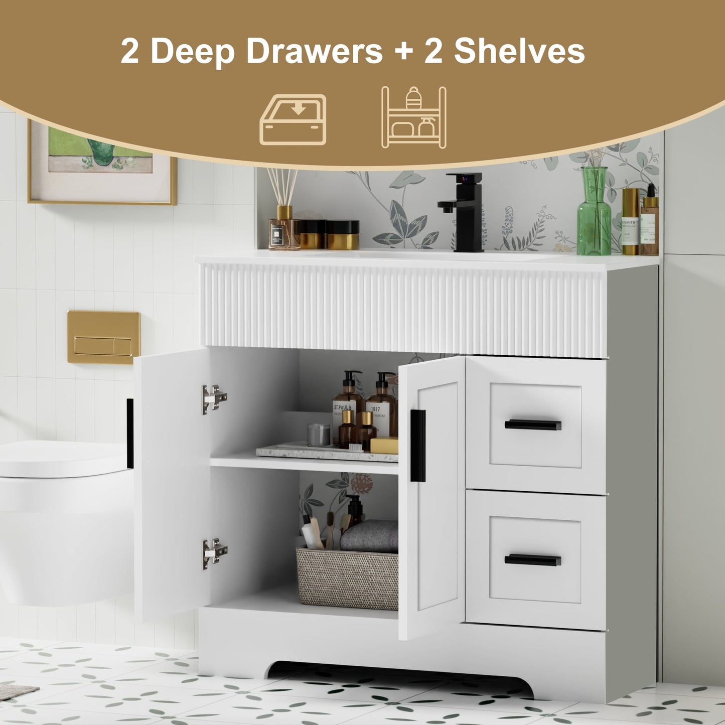 Set per bagno Wavy Line con mobile lavabo e miscelatore, disponibile nelle misure 30/36/48 pollici.