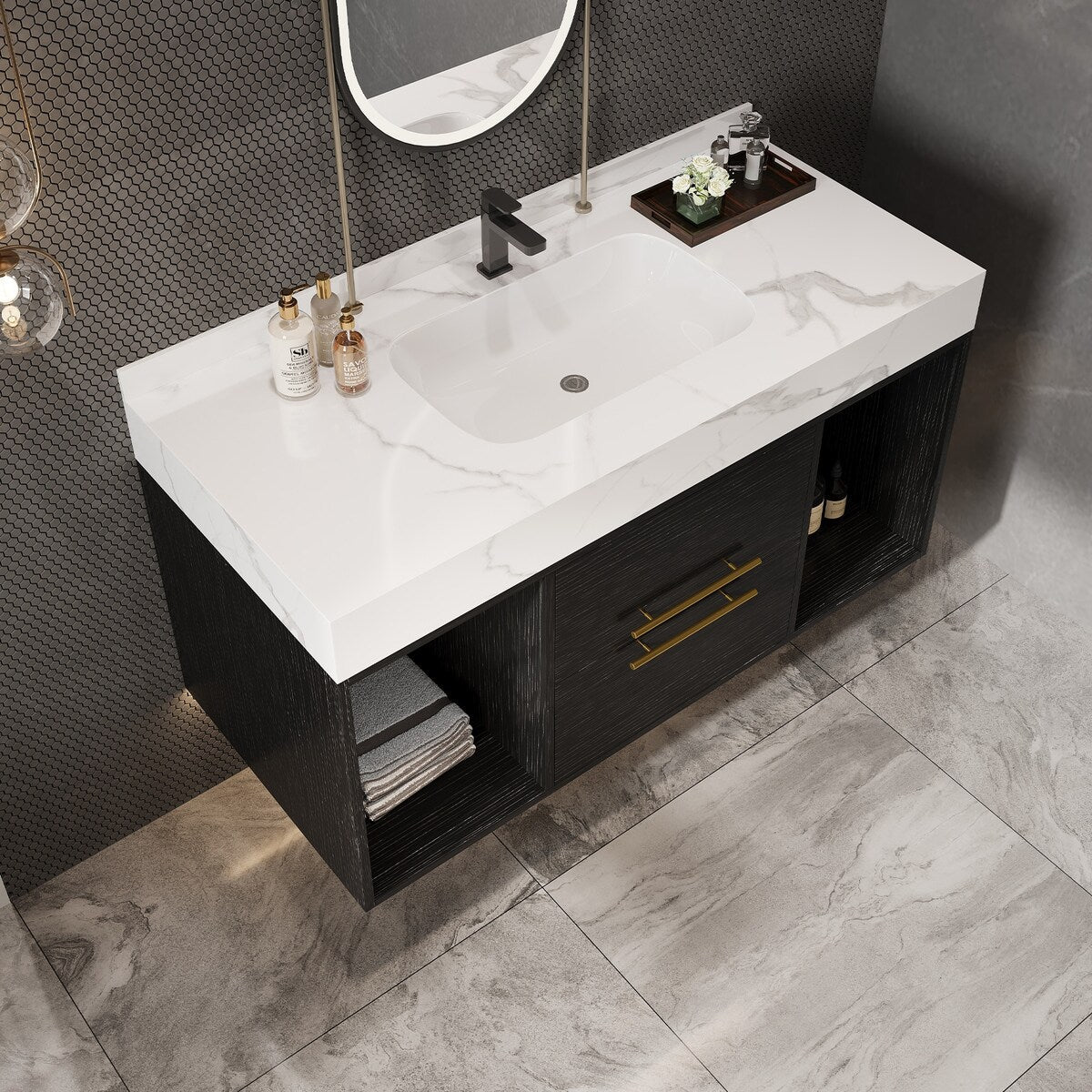 Mobile da bagno sospeso da 39,4'' con lavabo in ceramica, mobile a parete con 2 cassetti a chiusura lenta e piano in ardesia bianca - 39'4 x 18'9