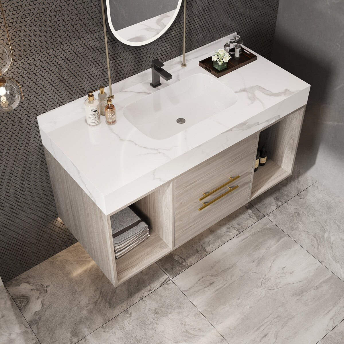 Mobile da bagno sospeso da 39,4'' con lavabo in ceramica, mobile a parete con 2 cassetti a chiusura lenta e piano in ardesia bianca - 39'4 x 18'9