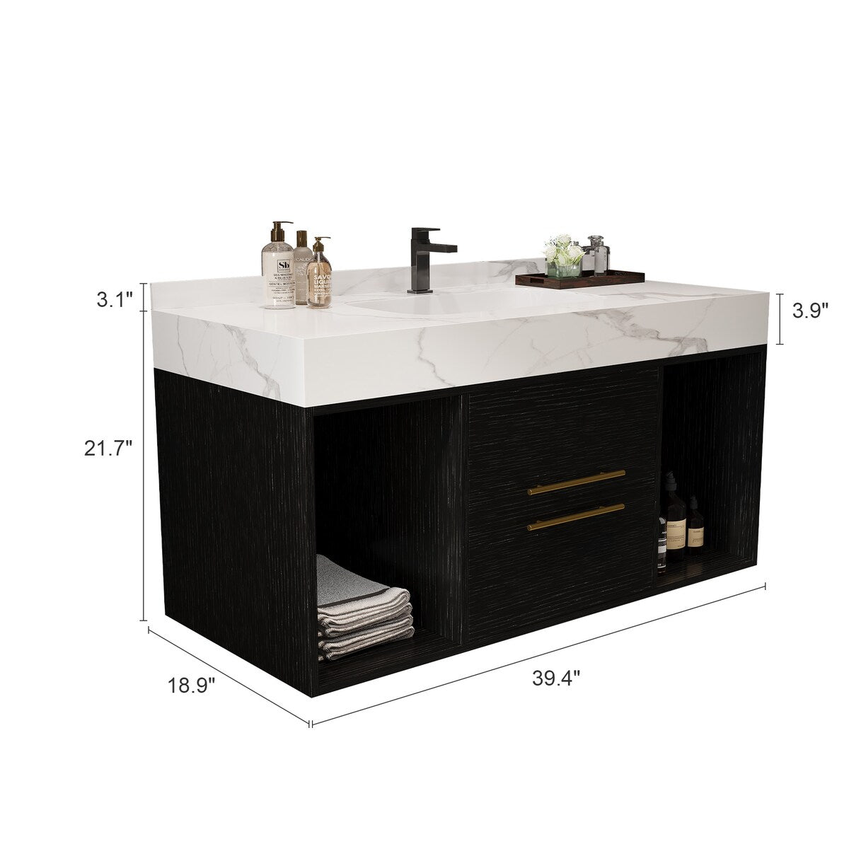Mobile da bagno sospeso da 39,4'' con lavabo in ceramica, mobile a parete con 2 cassetti a chiusura lenta e piano in ardesia bianca - 39'4 x 18'9