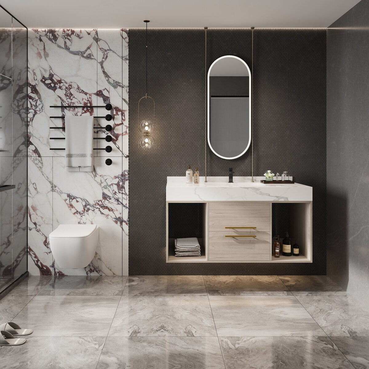 Mobile da bagno sospeso da 39,4'' con lavabo in ceramica, mobile a parete con 2 cassetti a chiusura lenta e piano in ardesia bianca - 39'4 x 18'9