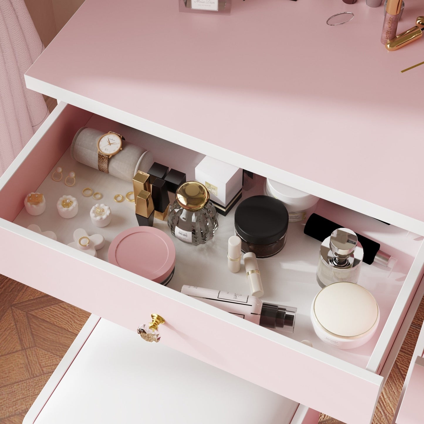 Set da trucco con specchio e sgabello, largo 39,4 pollici.