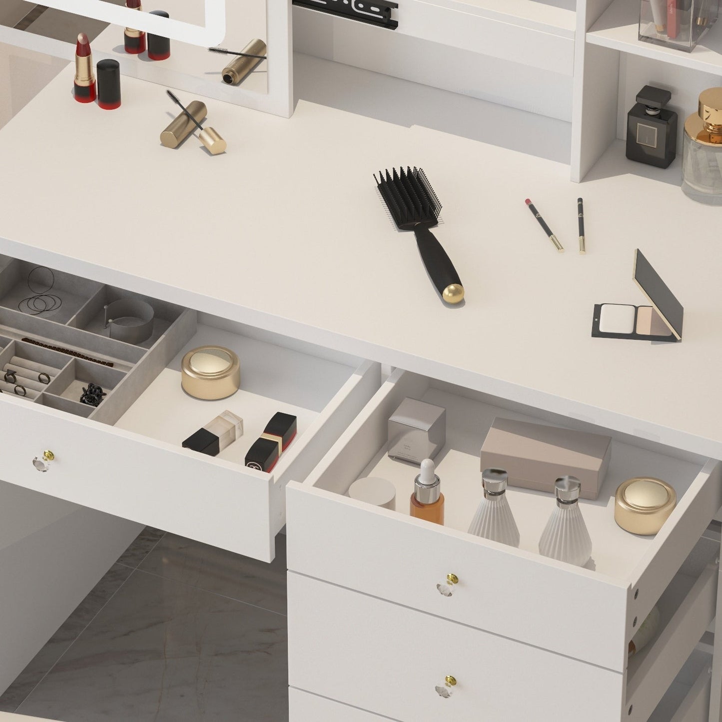 Set da trucco con specchio e sgabello, largo 39,4 pollici.