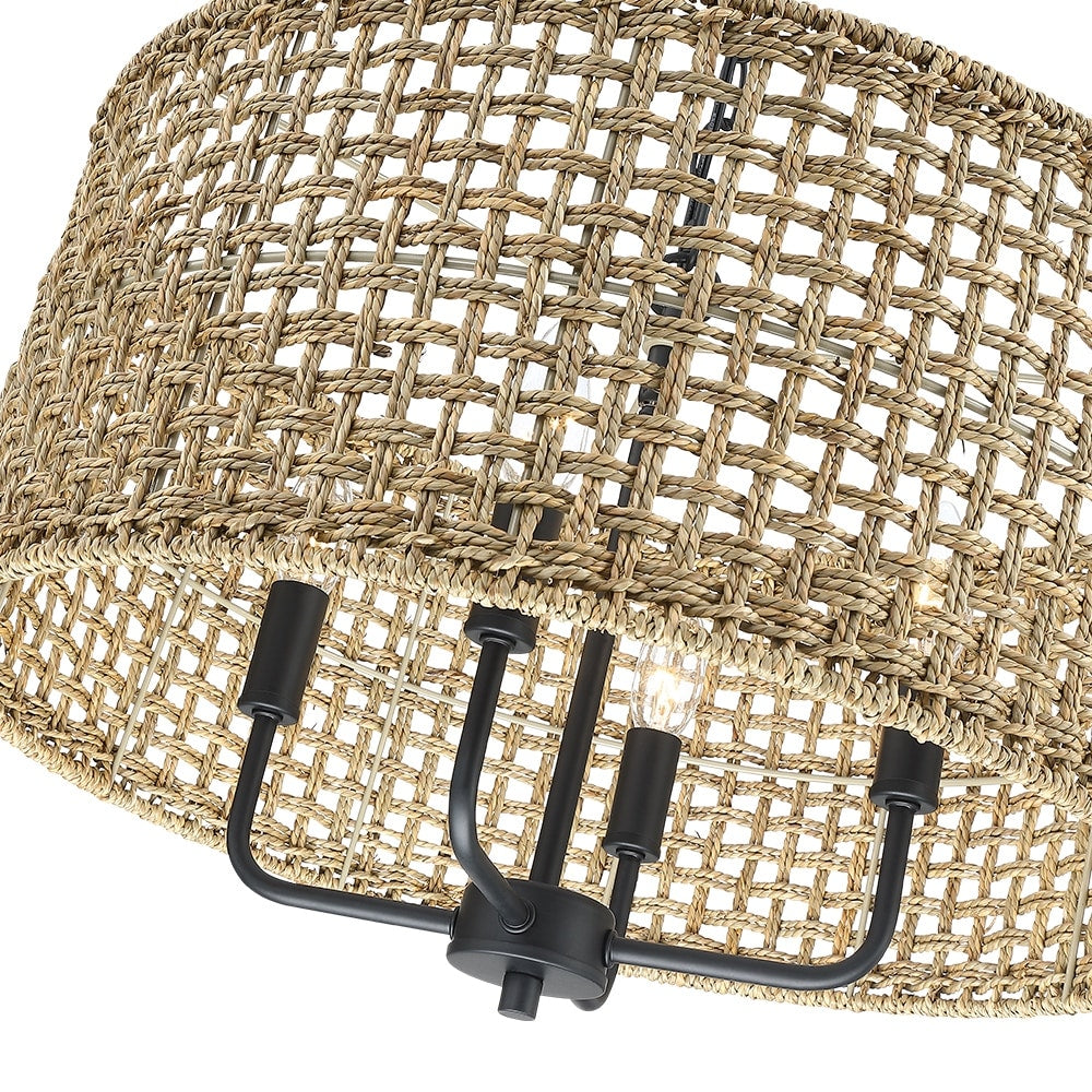 Lampadario a tamburo bohémien intrecciato a mano a 4 luci - Paglia - 50,8 cm (20 pollici) di larghezza