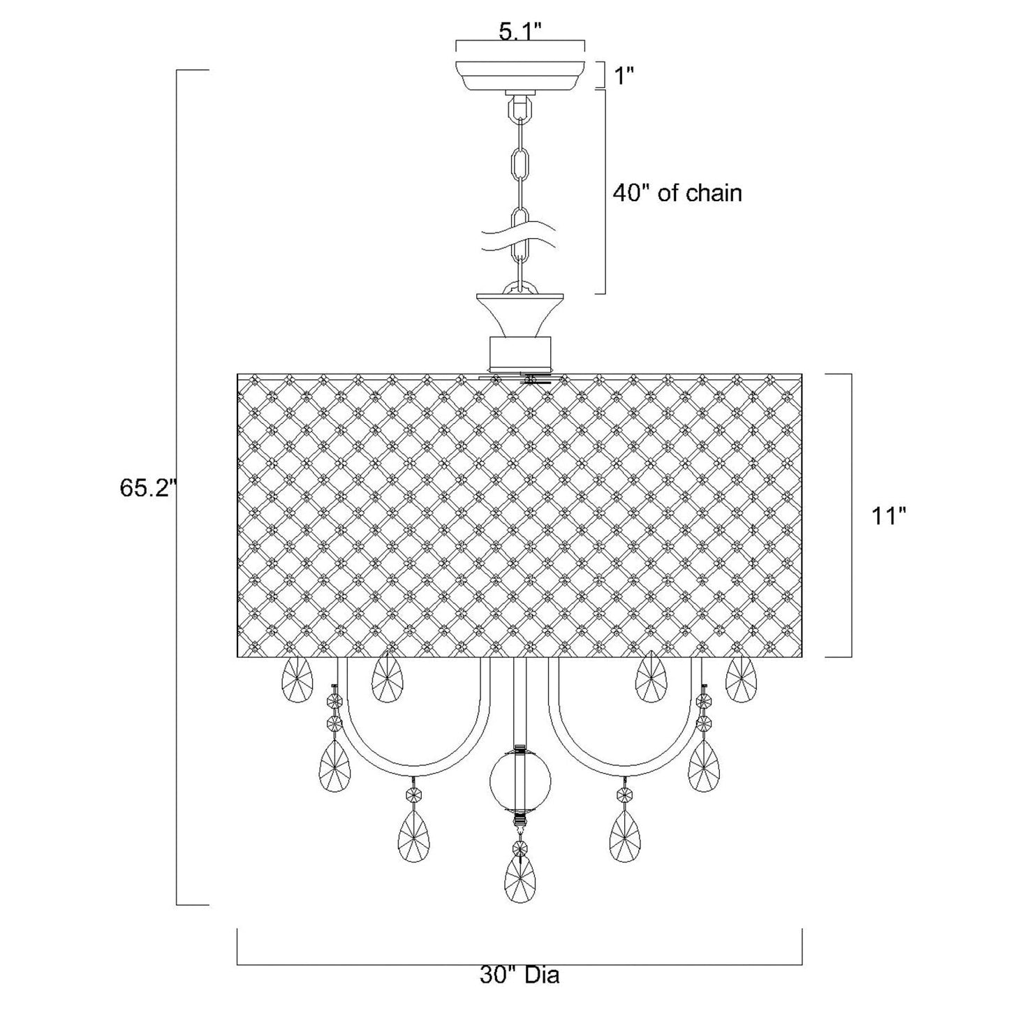 Lampadario a tamburo rotondo con perline e cristalli pendenti