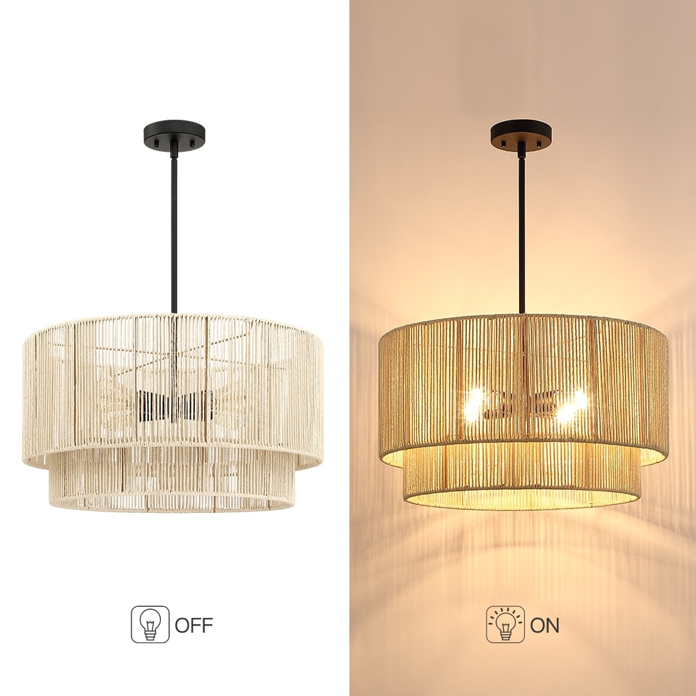 Lampadario a 4 luci a forma di tamburo a strati in vimini con baldacchino nero - 56 cm di larghezza