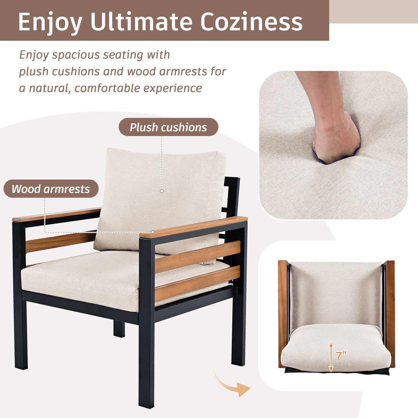 Set di Divani da Esterno da 4 Pezzi per 5 Persone con Cuscini Rimovibili e Tavolino in Legno Massello