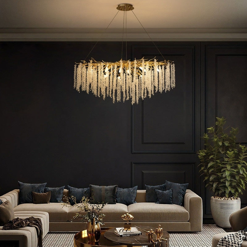 Lampadario a LED moderno a forma di albero con rami, rettangolare, in cristallo dorato, da 40 pollici, ideale per sala da pranzo, cucina, isola cucina.