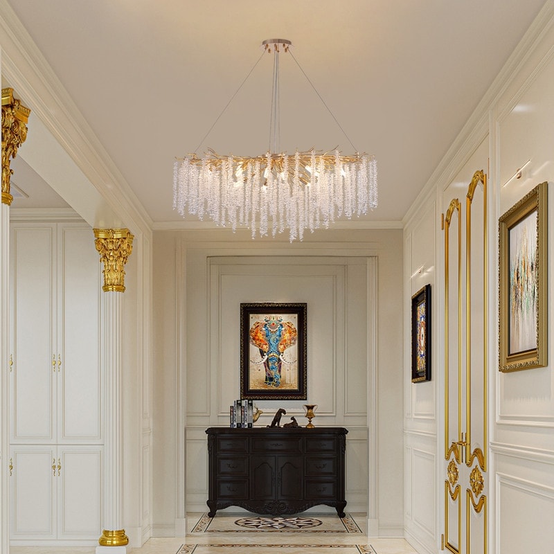 Lampadario a LED moderno a forma di albero con rami, rettangolare, in cristallo dorato, da 40 pollici, ideale per sala da pranzo, cucina, isola cucina.