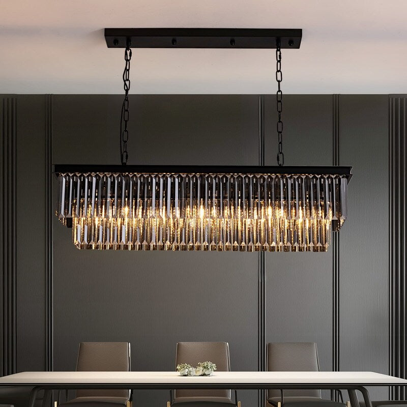 Lampadario a cristallo moderno e contemporaneo a 2 livelli, 47 pollici, grigio fumè e nero, per cucina, isola, sala da pranzo.