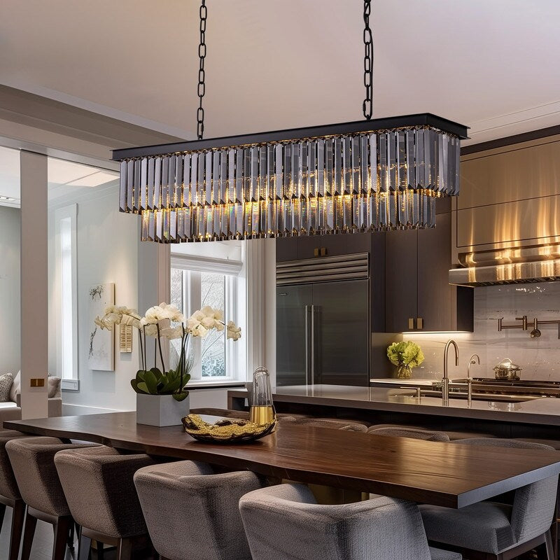 Lampadario a cristallo moderno e contemporaneo a 2 livelli, 47 pollici, grigio fumè e nero, per cucina, isola, sala da pranzo.