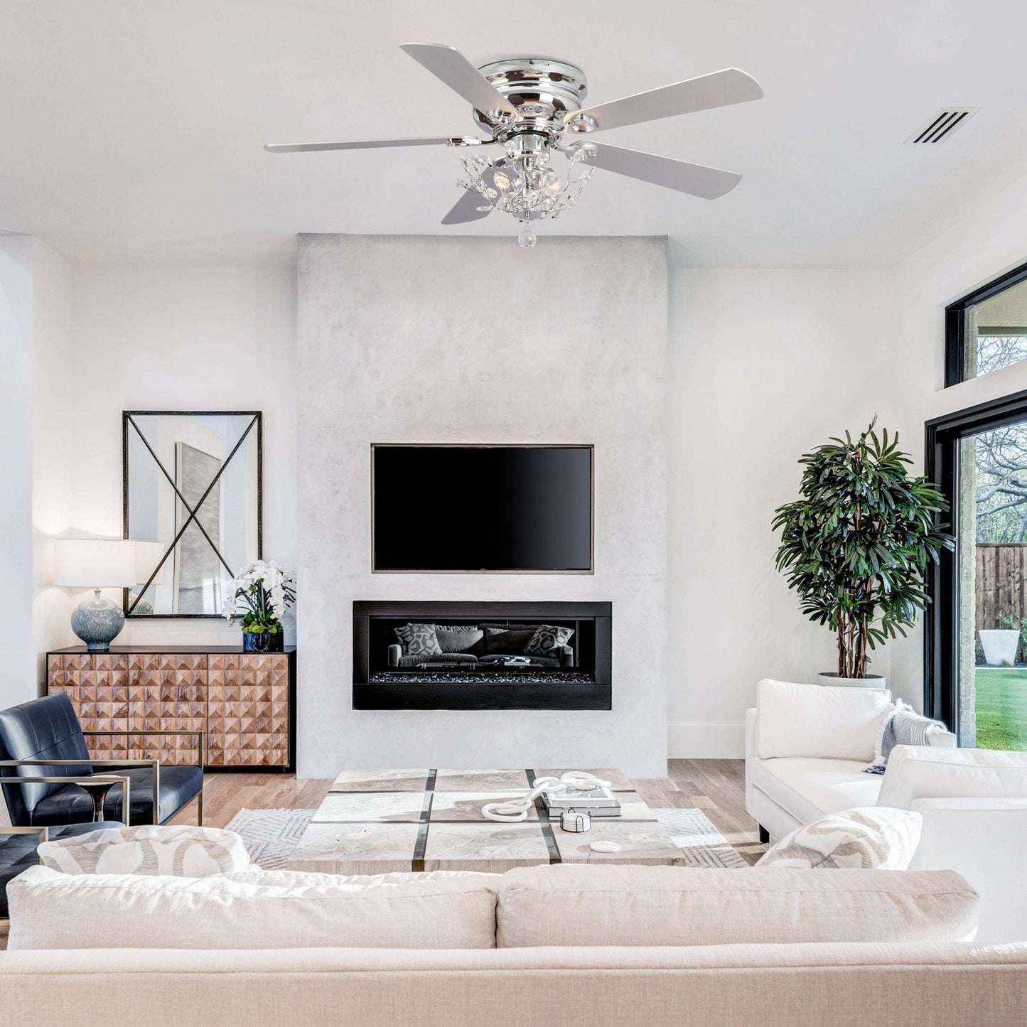 Ventilatore da soffitto a 5 pale, reversibile, moderno, con montaggio a soffitto a filo, in cristallo, da 48 pollici, con telecomando.