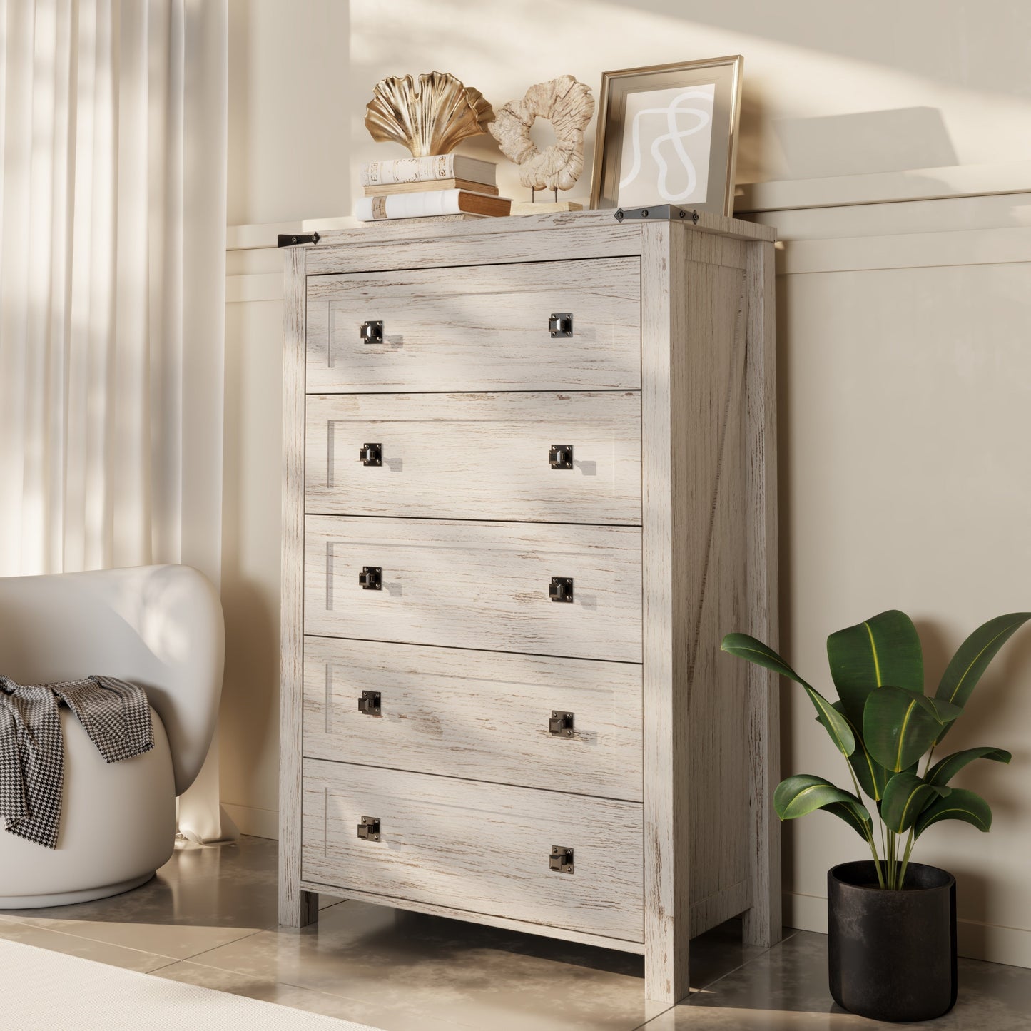 Comò in legno alto 48 pollici, stile farmhouse, con 5 cassetti, per la camera da letto.