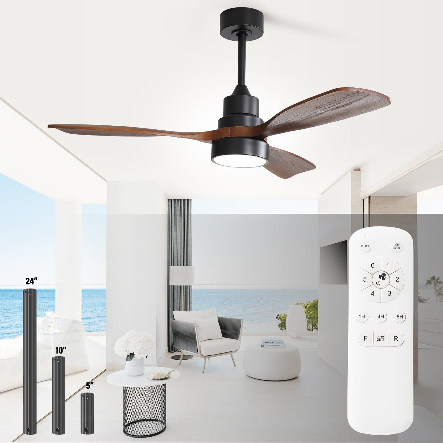 Ventilatore da soffitto a LED integrato da 48 e 52 pollici con luce e telecomando, motore DC reversibile