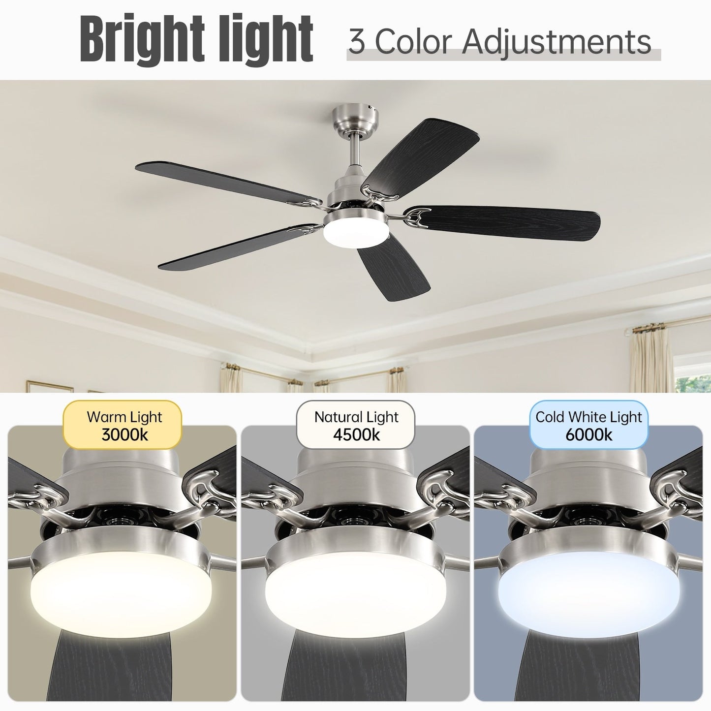 Ventilatore da soffitto a LED integrato da 48 e 52 pollici con luce e telecomando, motore DC reversibile