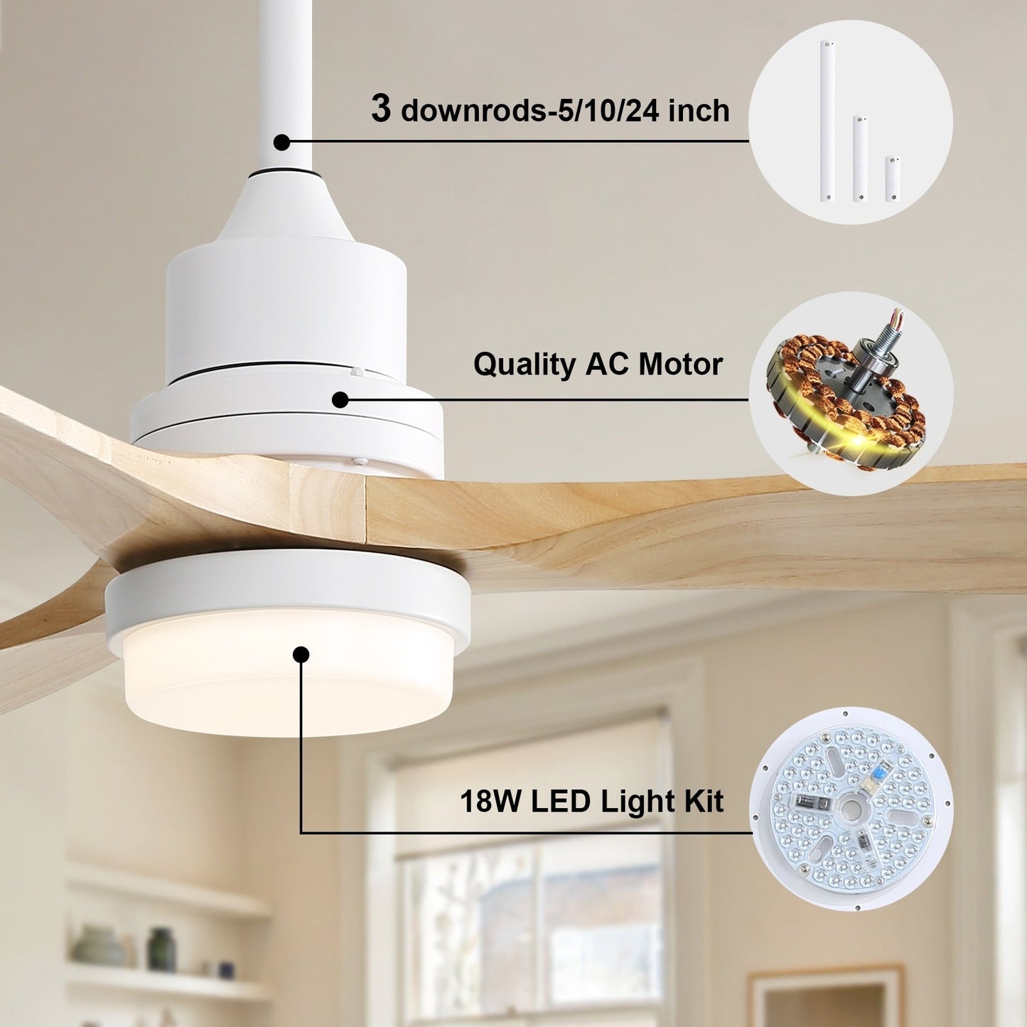 Ventilatore da soffitto a LED integrato da 48 e 52 pollici con luce e telecomando, motore DC reversibile