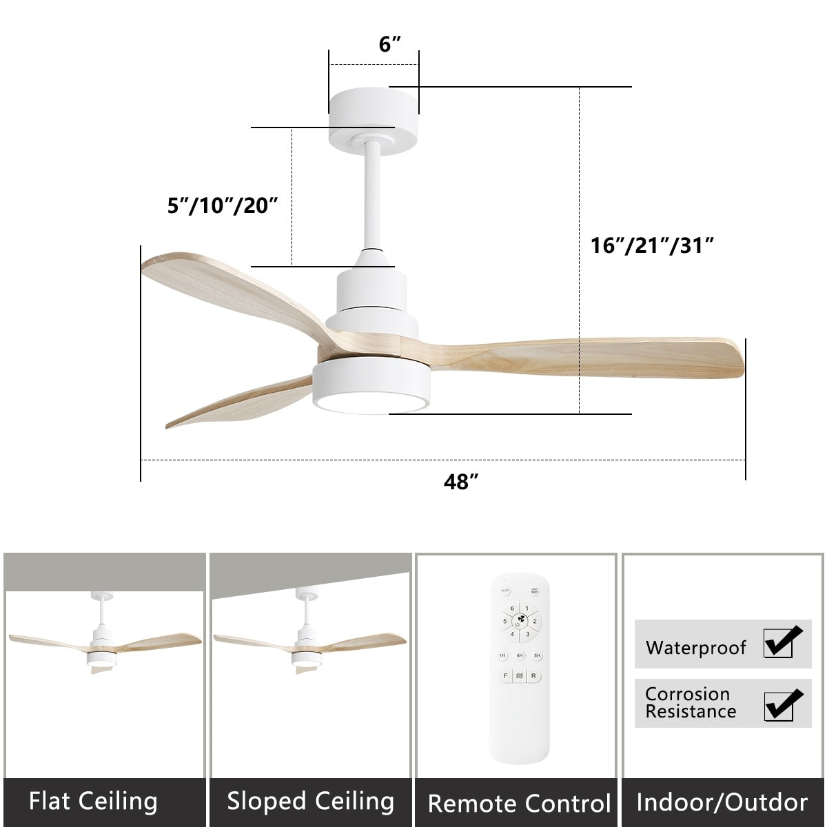 Ventilatore da soffitto a LED integrato da 48 e 52 pollici con luce e telecomando, motore DC reversibile
