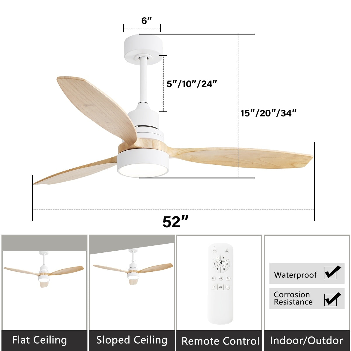 Ventilatore da soffitto a LED integrato da 48 e 52 pollici con luce e telecomando, motore DC reversibile