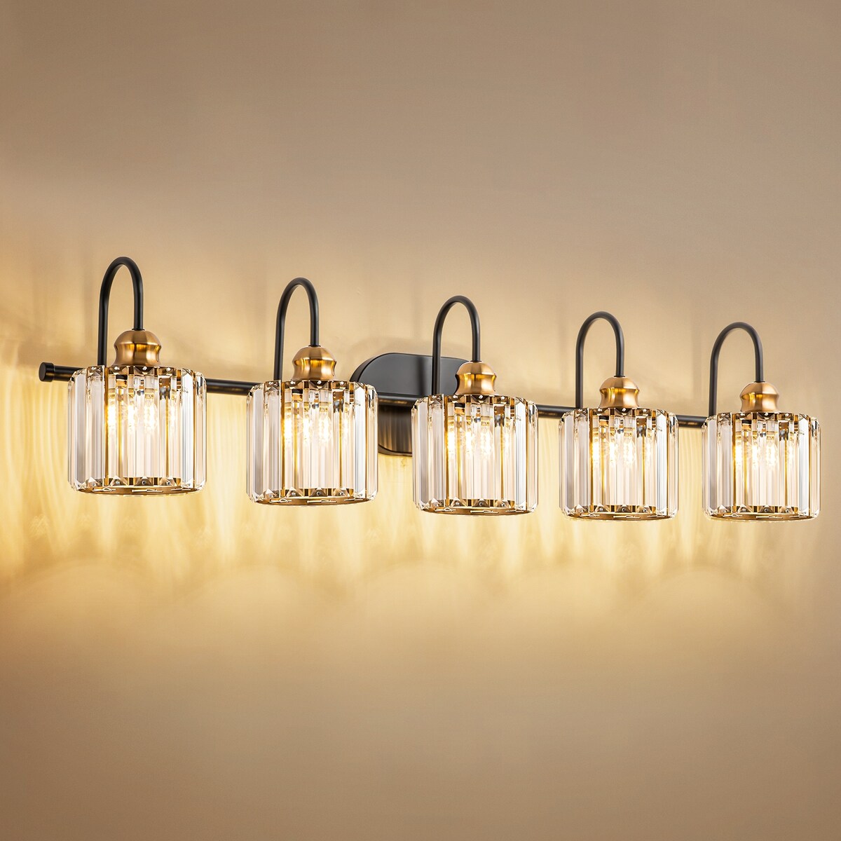 Lampada da bagno lineare a 5 luci, dimmerabile, con paralume in cristallo cilindrico, stile glamour.