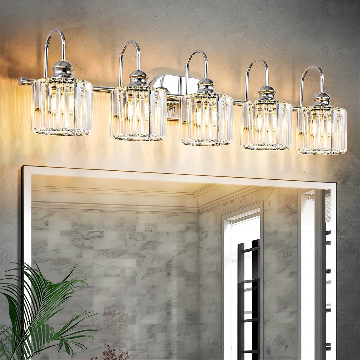 Lampada da bagno lineare a 5 luci, dimmerabile, con paralume in cristallo cilindrico, stile glamour.