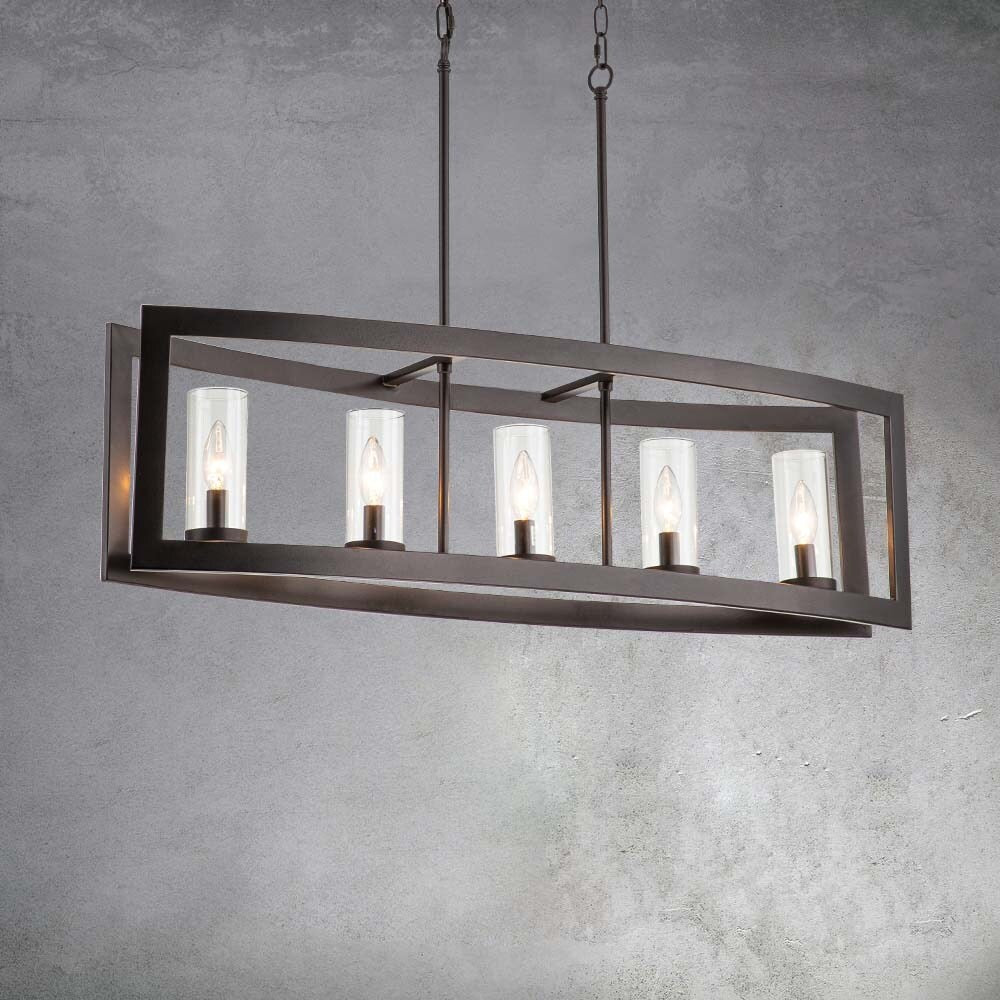 Lampada a sospensione rettangolare vintage in vetro, stile industriale moderno di metà secolo, con 5 luci, ideale per isole cucina.