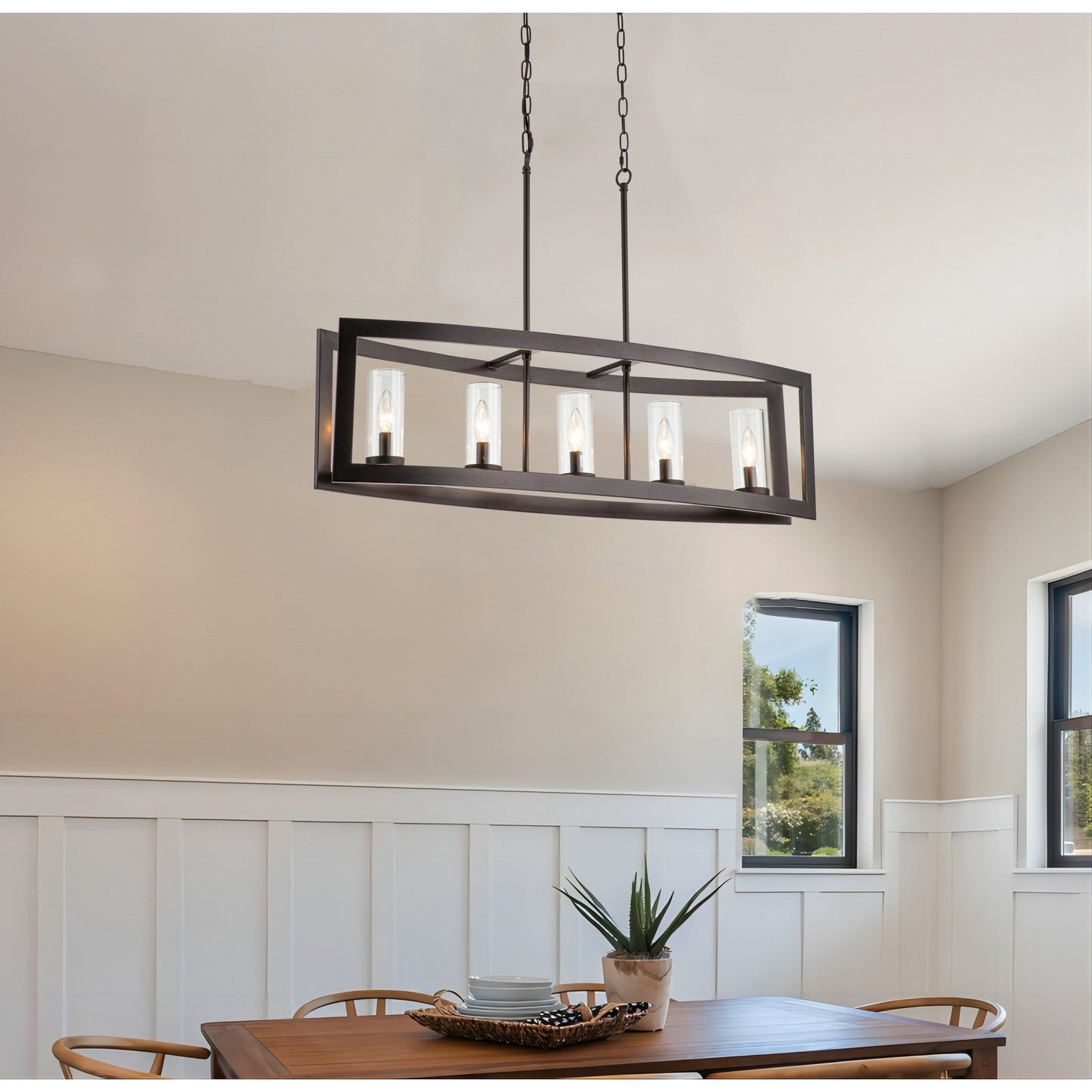 Lampadario lineare industriale moderno a 5 luci per sala da pranzo, stile farmhouse, con paralume cilindrico in vetro trasparente, adatto anche per illuminazione di isole cucina.