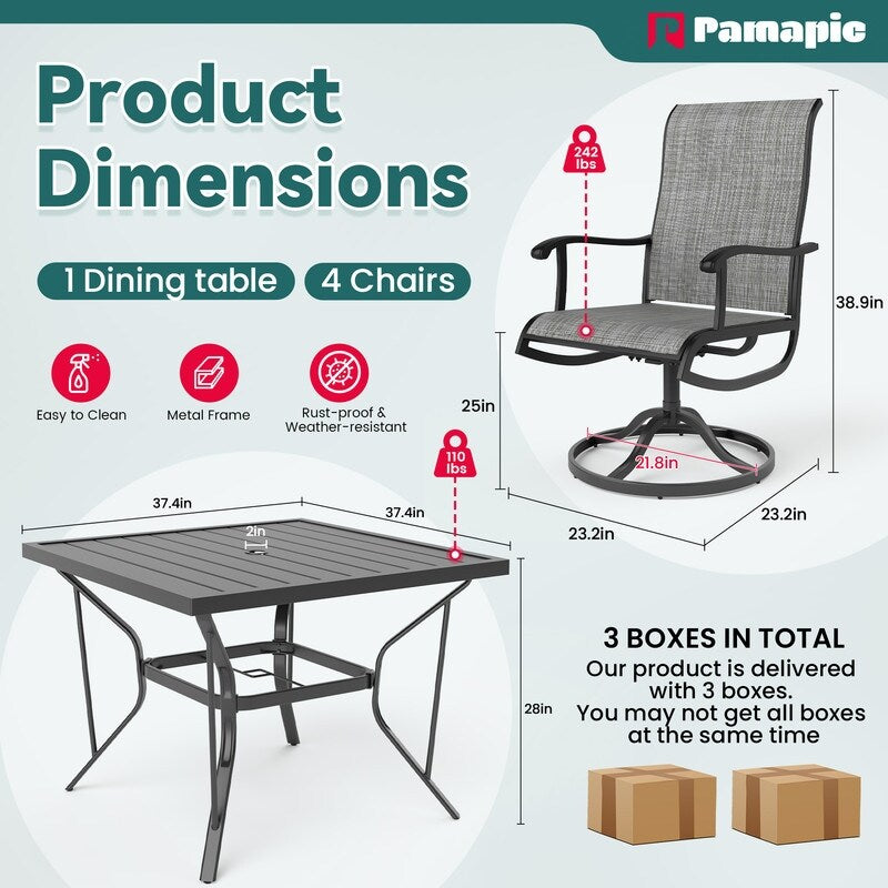 Set da pranzo da esterno in metallo da 5 pezzi con tavolo quadrato e sedie girevoli in Textilene