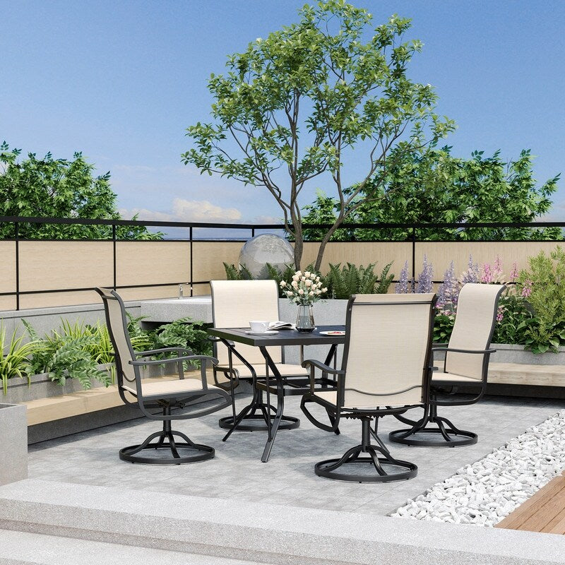 Set da pranzo da esterno in metallo da 5 pezzi con tavolo quadrato e sedie girevoli in Textilene