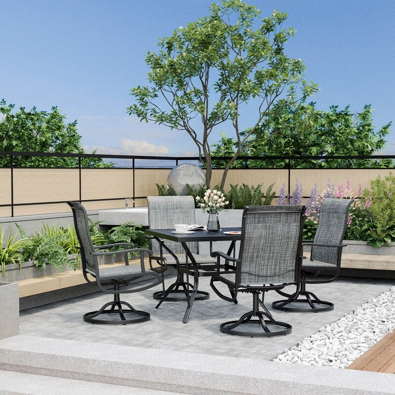 Set da pranzo da esterno in metallo da 5 pezzi con tavolo quadrato e sedie girevoli in Textilene