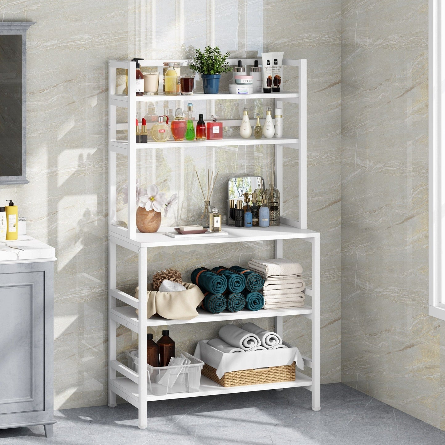 Ripiano portaoggetti da cucina a 5 livelli, supporto per forno a microonde, mobiletto da cucina industriale con ripiano.