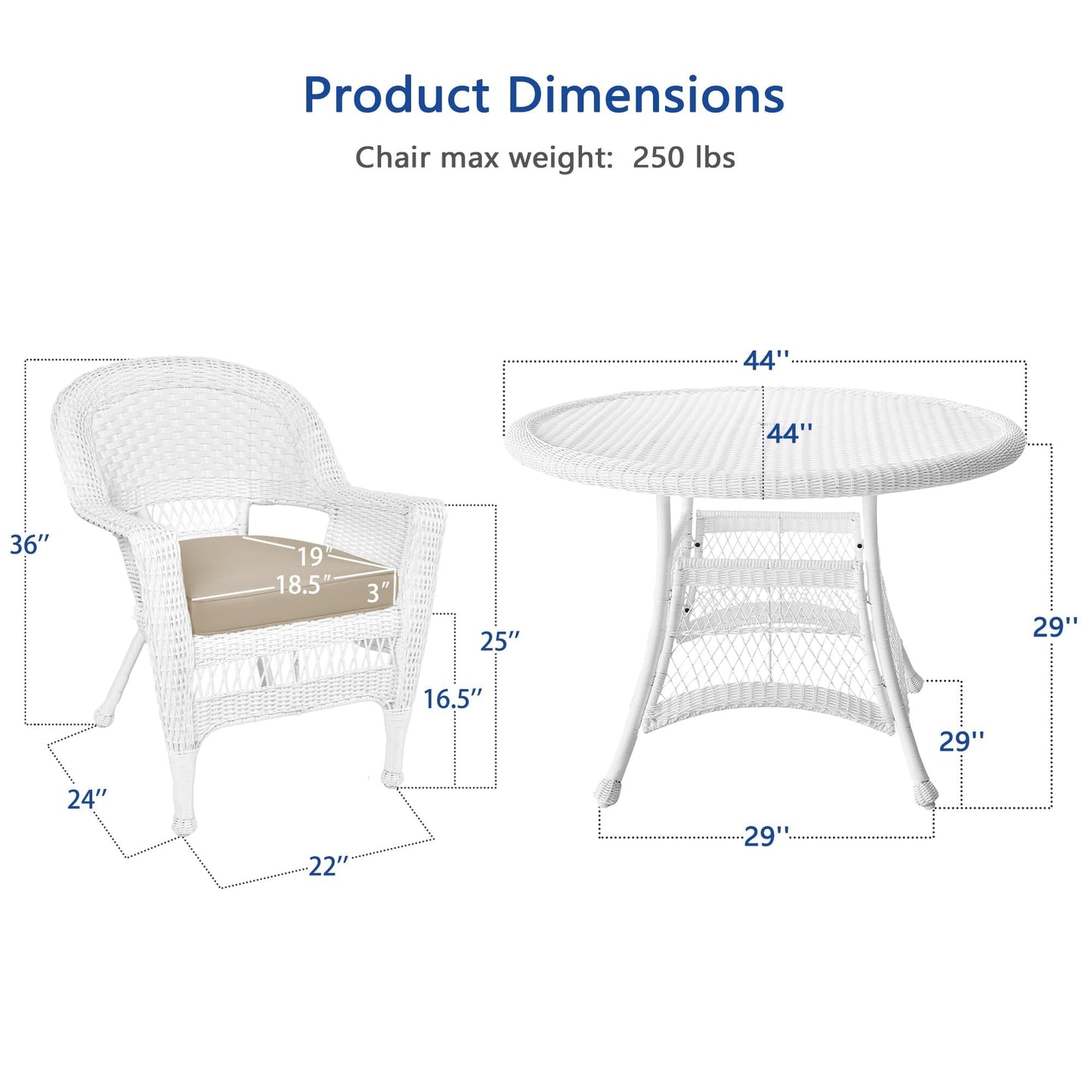 Set da pranzo in vimini intrecciato bianco, 5 pezzi
