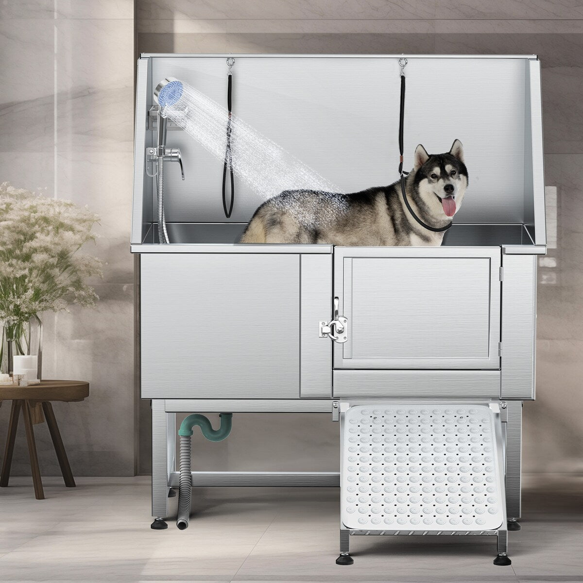 Vasca per toelettatura regolabile per animali domestici in acciaio inossidabile da 127 cm (50 pollici) con rampa - Argento