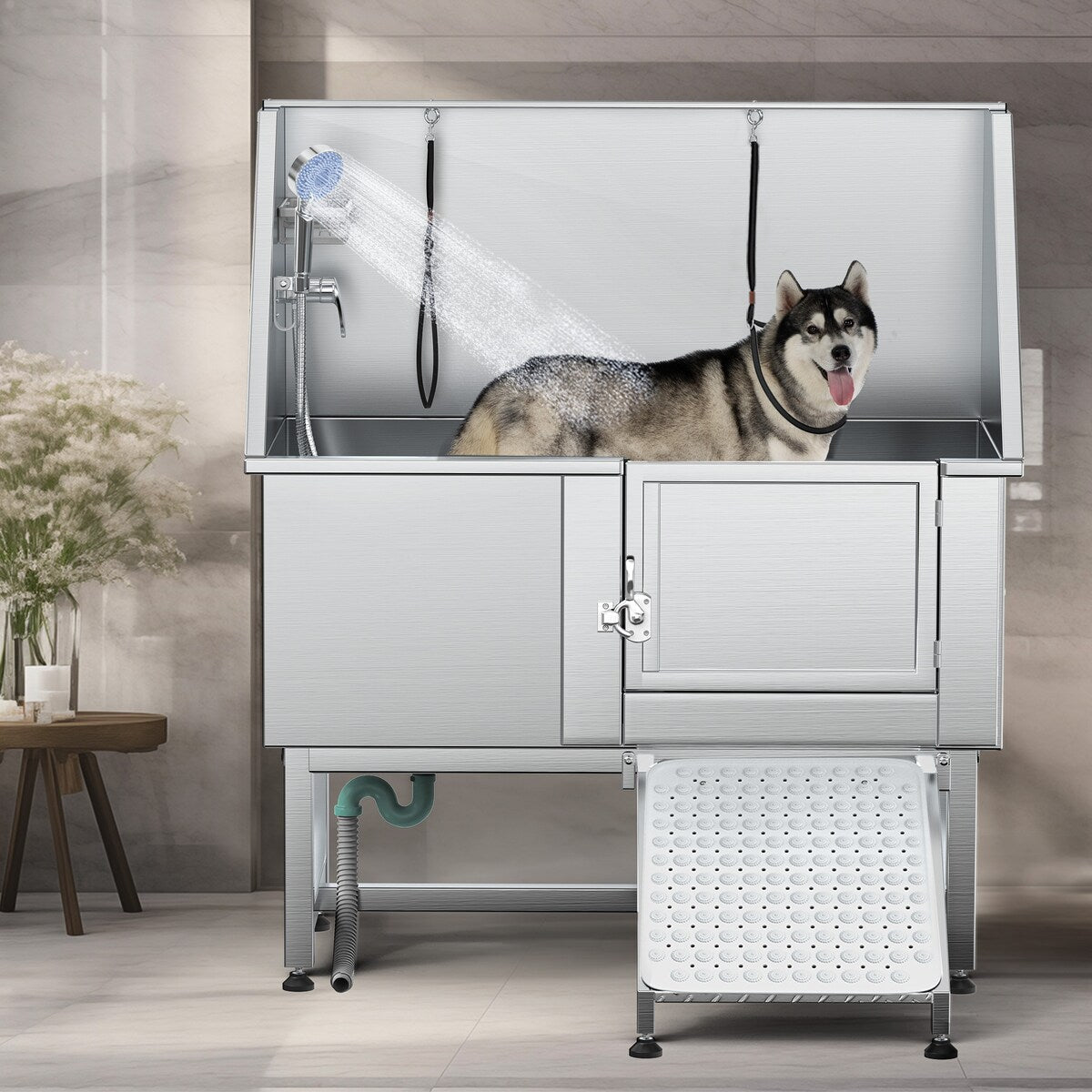 Vasca per toelettatura regolabile per animali domestici in acciaio inossidabile da 127 cm (50 pollici) con rampa - Argento