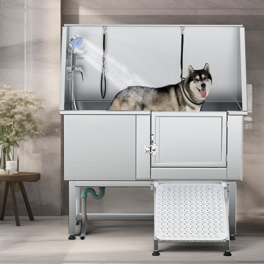 Vasca per toelettatura regolabile per animali domestici in acciaio inossidabile da 127 cm (50 pollici) con rampa - Argento