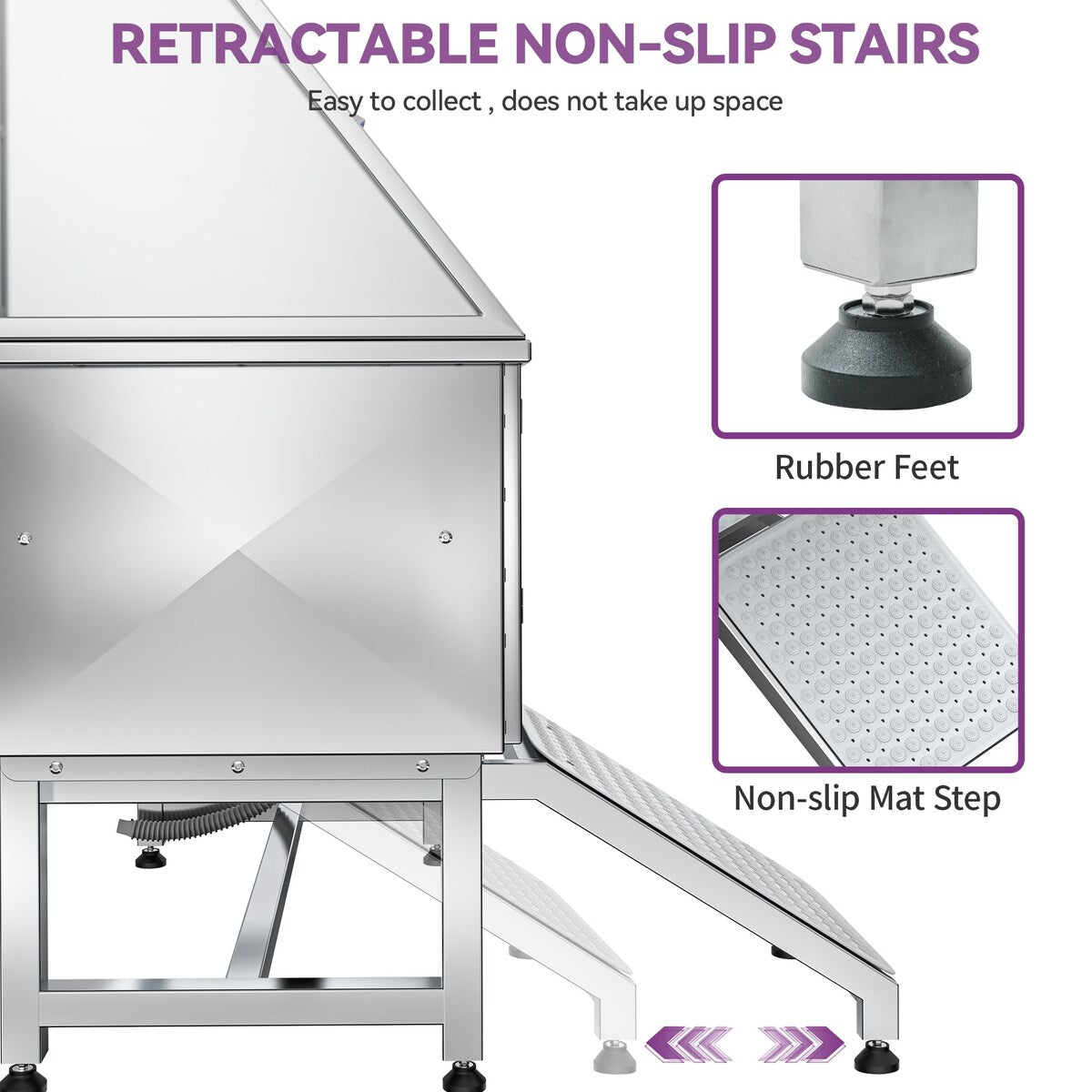 Vasca per la toelettatura di animali domestici regolabile in acciaio inossidabile da 50'' di larghezza con scaletta e rampa.