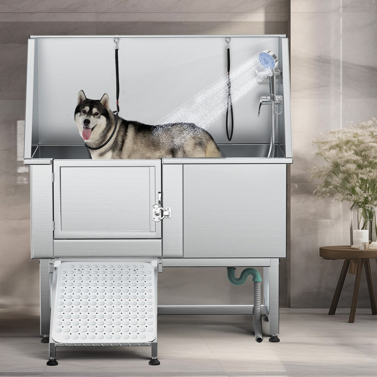 Vasca per la toelettatura di animali domestici regolabile in acciaio inossidabile da 50'' di larghezza con scaletta e rampa.