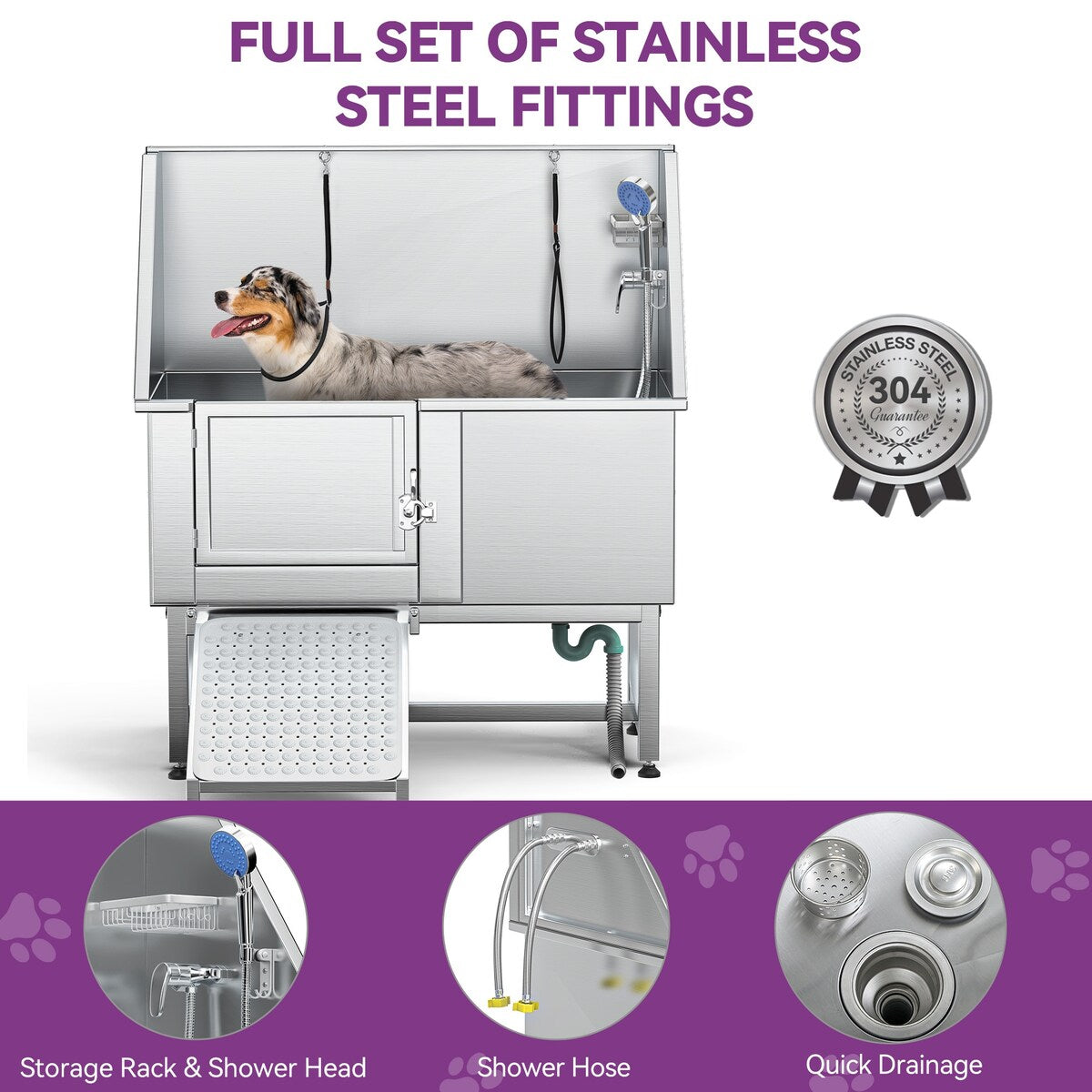 Vasca per la toelettatura di animali domestici regolabile in acciaio inossidabile da 50'' di larghezza con scaletta e rampa.