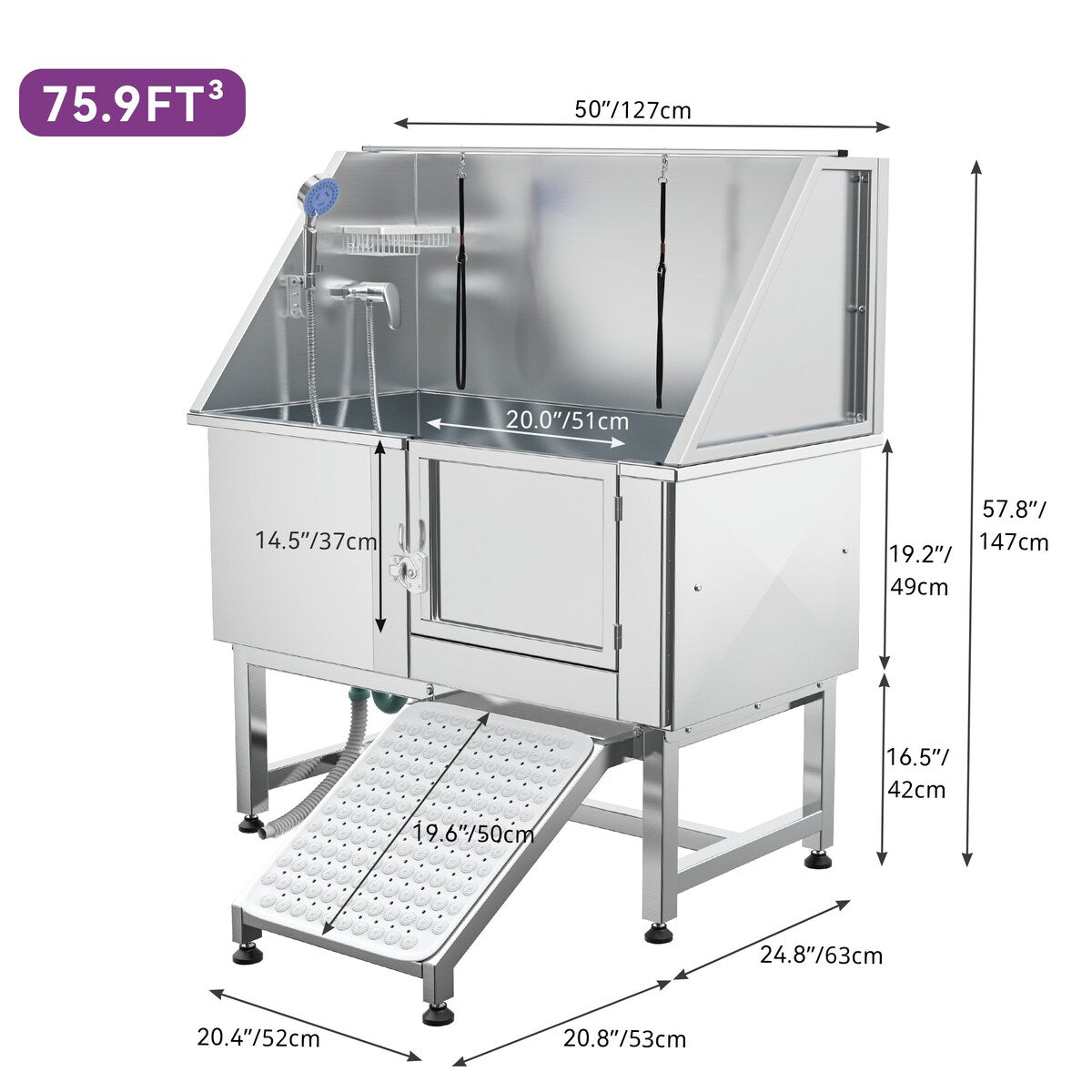 Vasca per la toelettatura di animali domestici regolabile in acciaio inossidabile da 50'' di larghezza con scaletta e rampa.